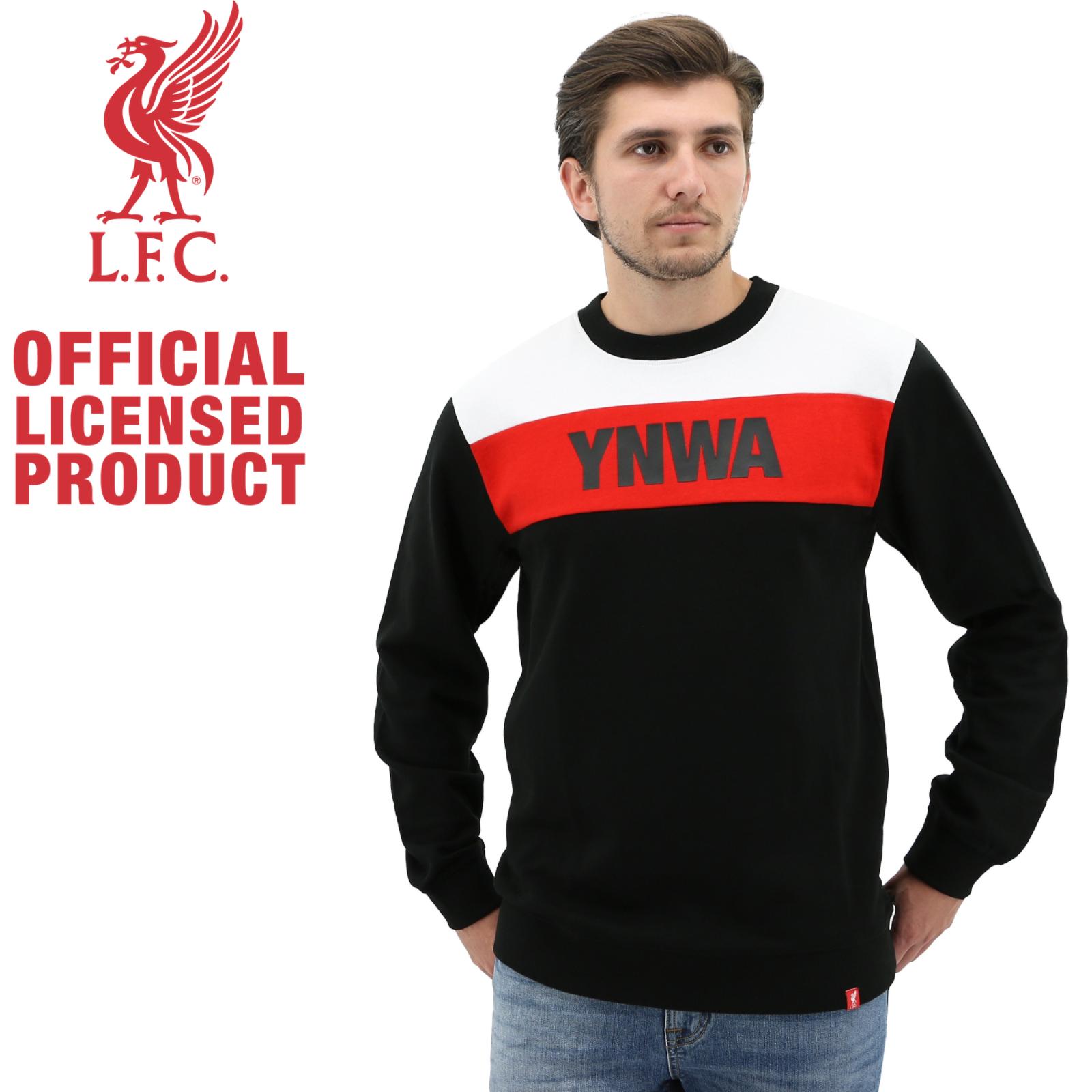 Liverpool FC Mens Crew Jumper Sweatshirt Winter Warm Soccer Football LFC - Black, Red & White-1