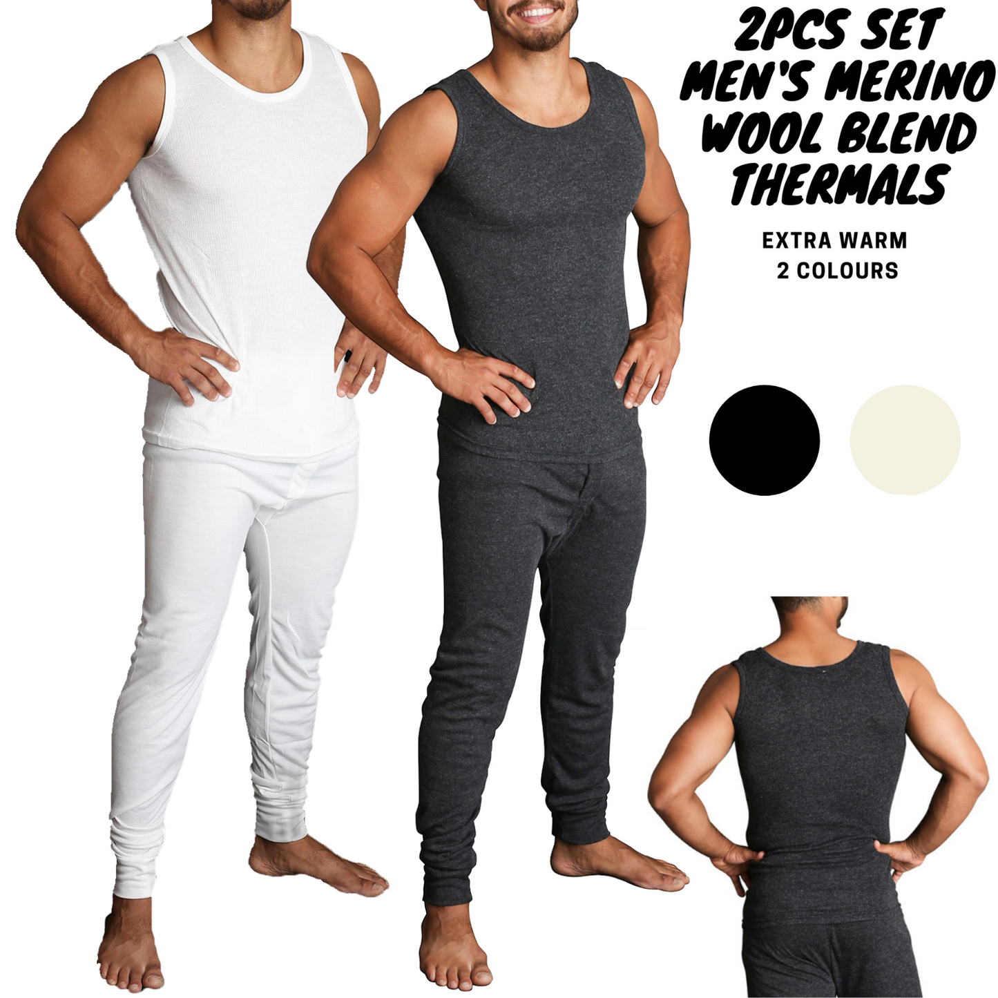 2pcs Set Mens Merino Wool Blend Thermal Singlet Top & Pants Underwear Thermals-1