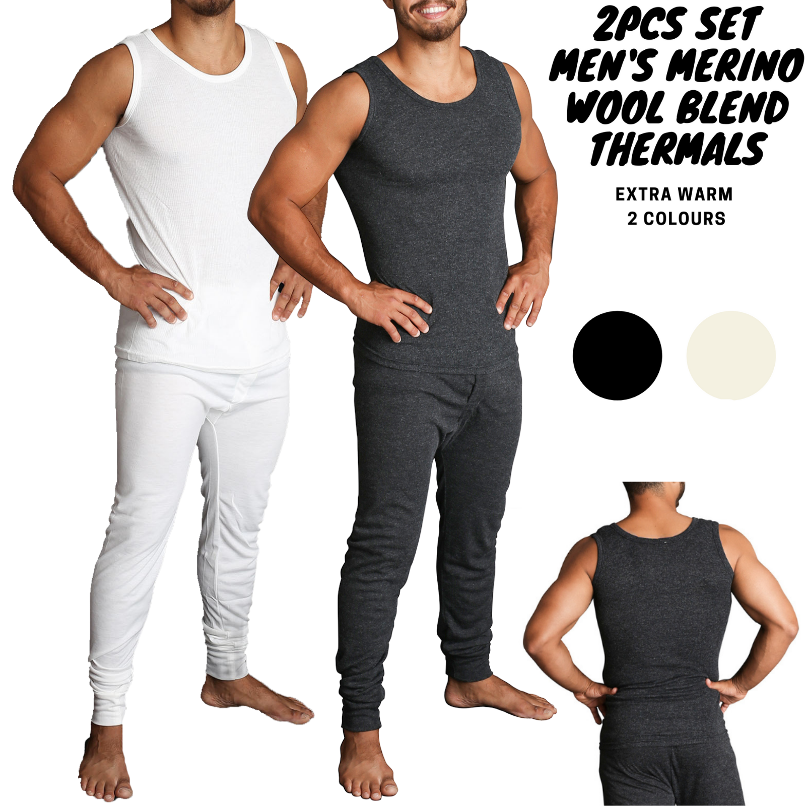 2pcs Set Mens Merino Wool Blend Thermal Singlet Top & Pants Underwear Thermals-1