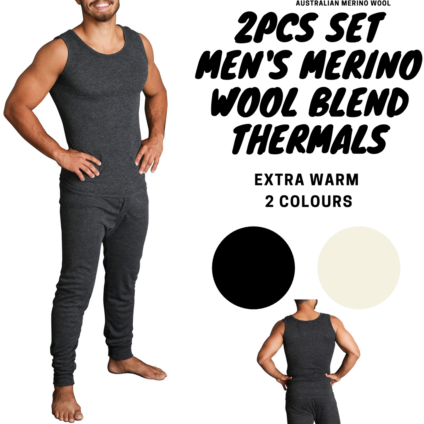 2pcs Set Mens Merino Wool Blend Thermal Singlet Top & Pants Underwear Thermals-3