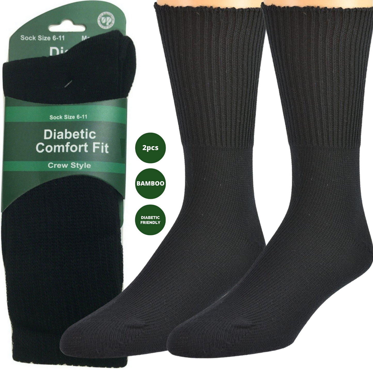 2 Pairs DIABETIC BAMBOO Socks Work Socks Medical Loose Top Crew Cushion BLACK-1