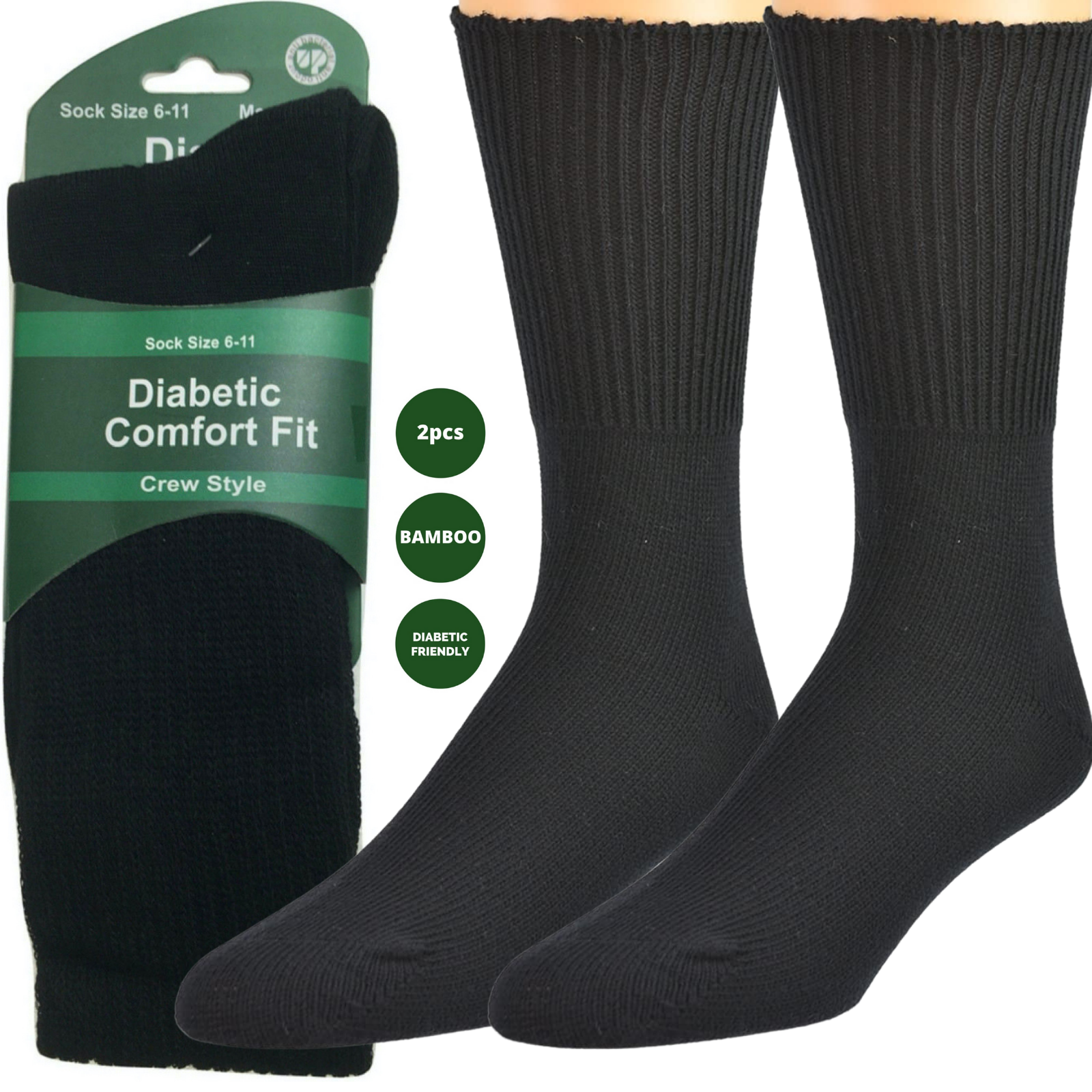 2 Pairs DIABETIC BAMBOO Socks Work Socks Medical Loose Top Crew Cushion BLACK-1