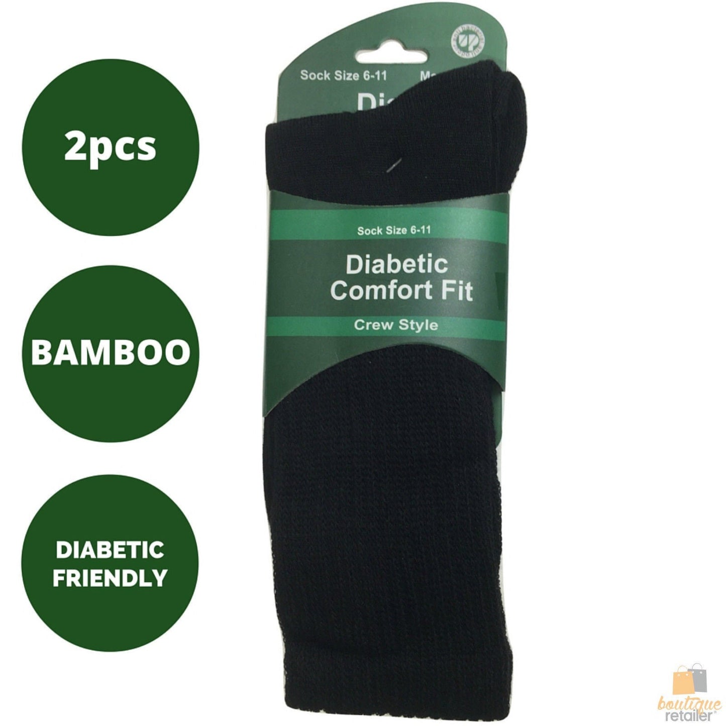 2 Pairs DIABETIC BAMBOO Socks Work Socks Medical Loose Top Crew Cushion BLACK-3