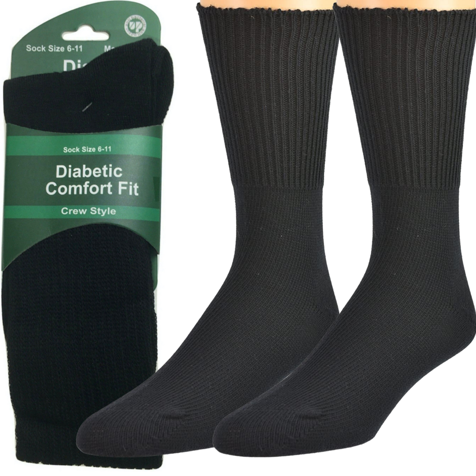 2 Pairs DIABETIC BAMBOO Socks Work Socks Medical Loose Top Crew Cushion BLACK-0