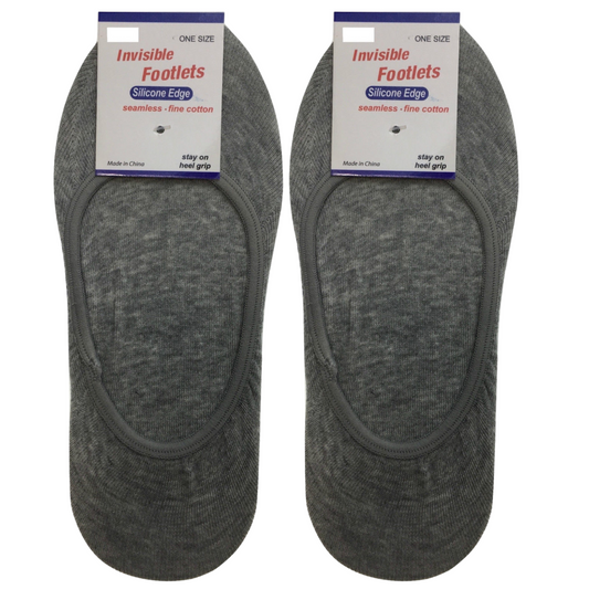 2x NO SHOW COTTON SOCKS Non Slip Heel Grip Low Cut Invisible Footlet Seamless - Grey