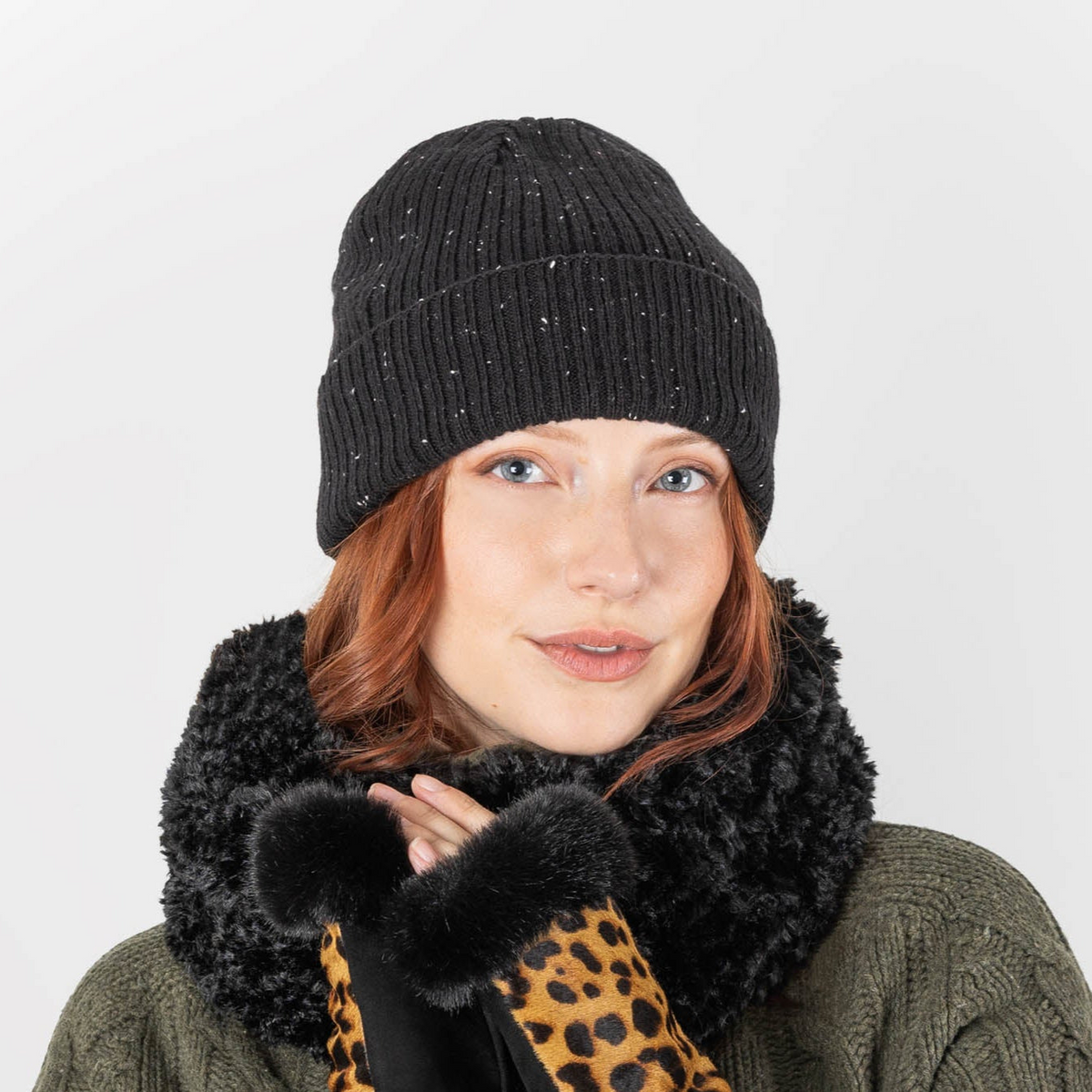 Dents Womens Ribbed Knit Wool Blend Beanie Hat with Marl Yarn in Black