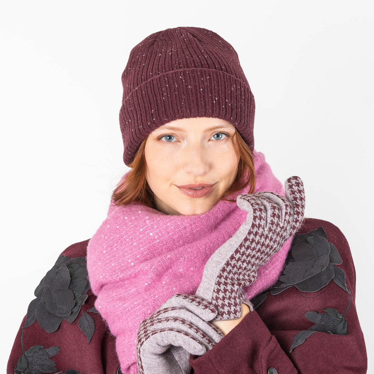 Dents Womens Ribbed Knit Wool Blend Beanie Hat with Marl Yarn in Burgundy