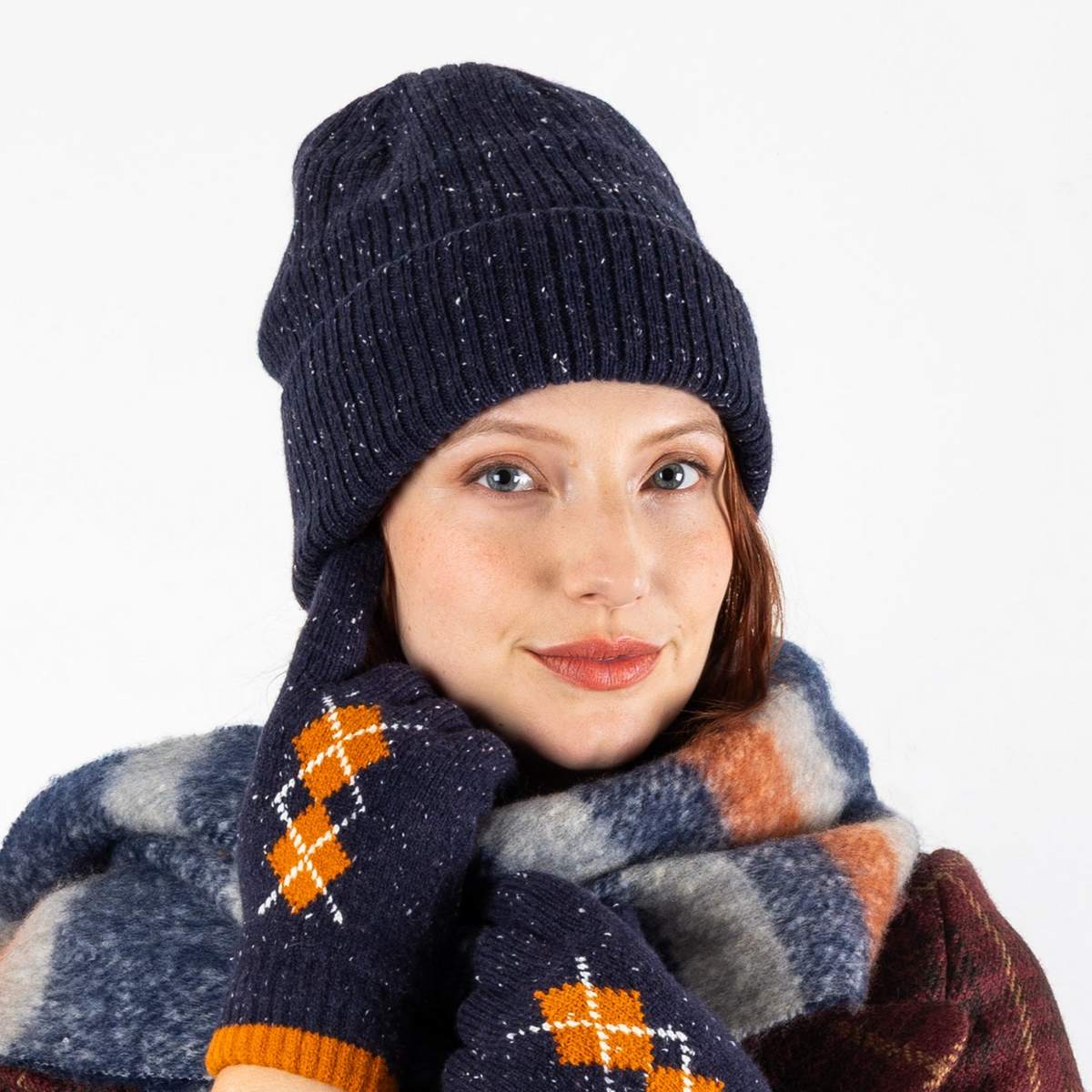 Dents Womens Ribbed Knit Wool Blend Beanie Hat with Marl Yarn in Navy