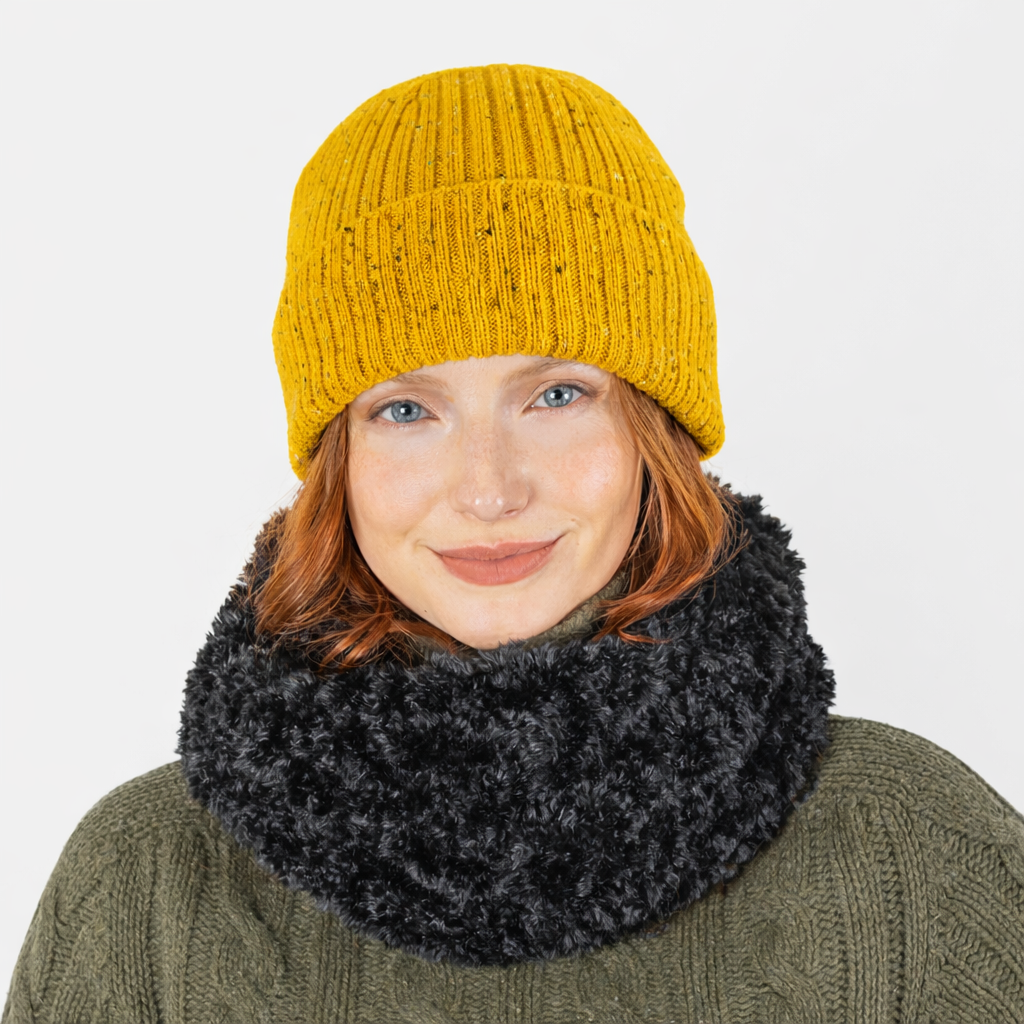 Dents Womens Ribbed Knit Wool Blend Beanie Hat with Marl Yarn in Ochre