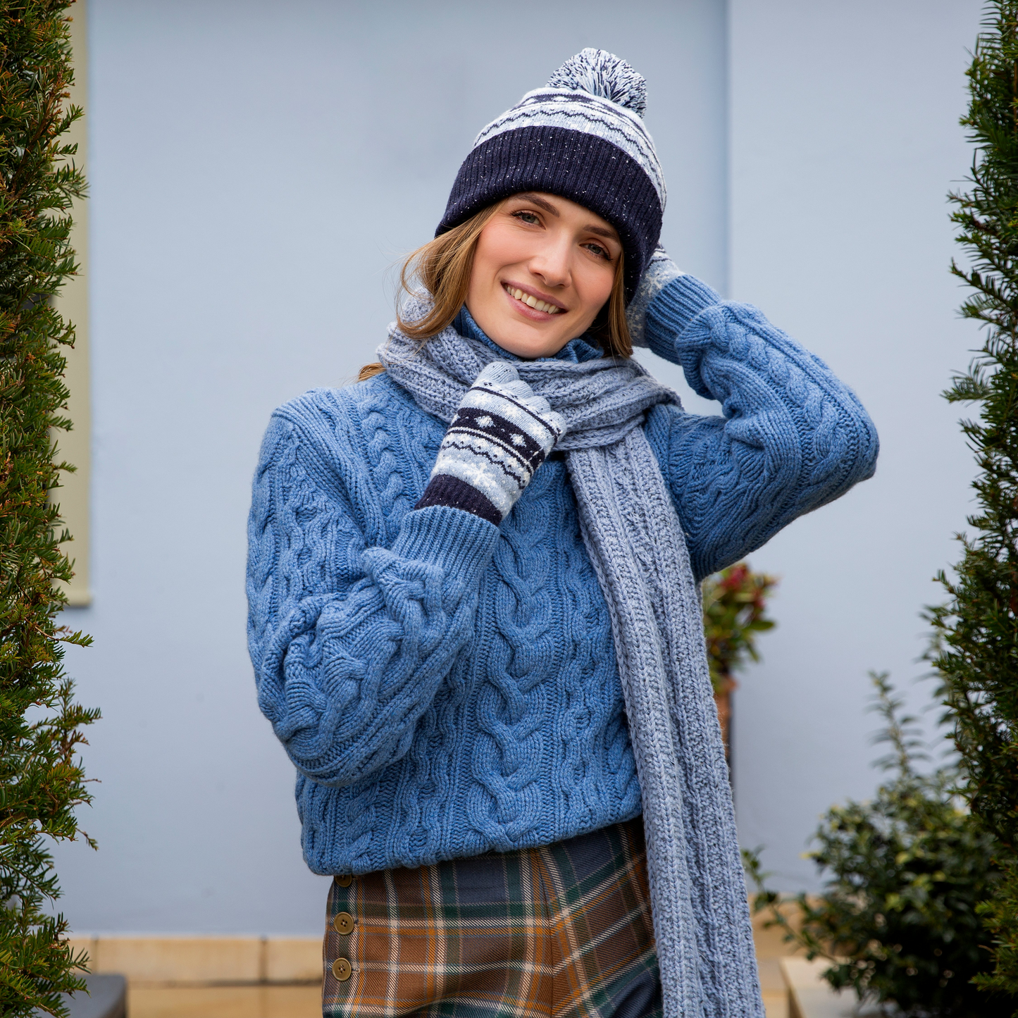 Dents Womens Jacquard Warm Wool Blend Beanie Hat with Pom Pom in Cornflower