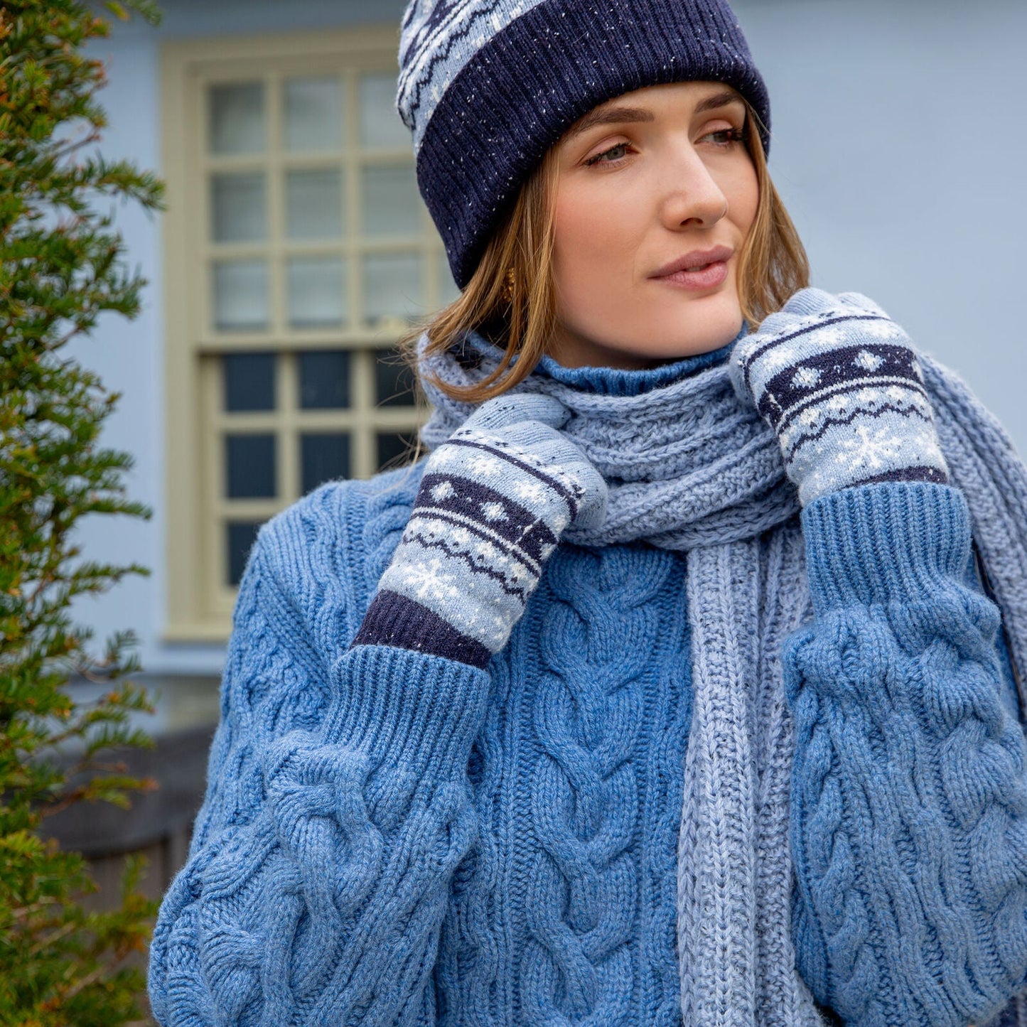 Dents Womens Jacquard Warm Wool Blend Beanie Hat with Pom Pom in Cornflower