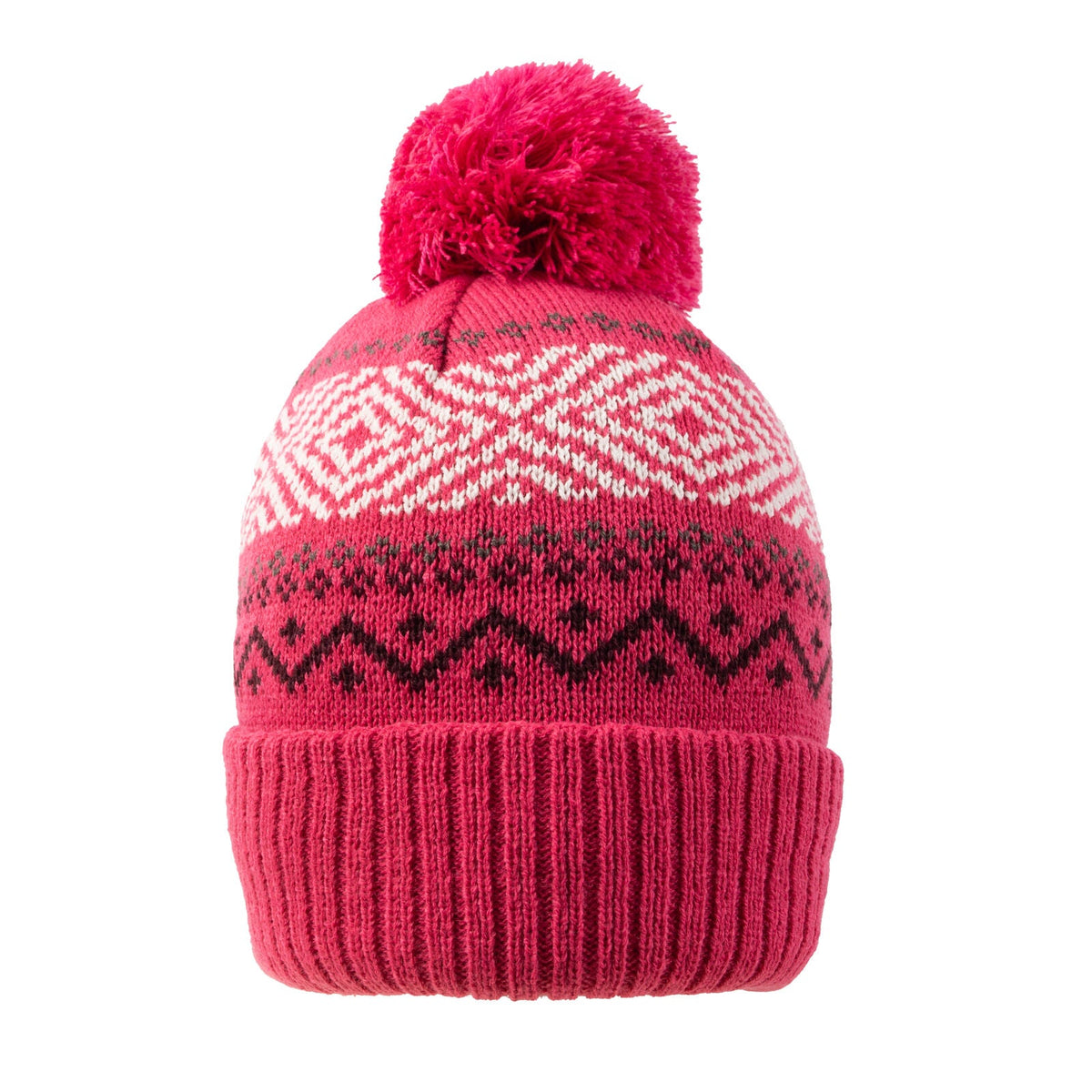 Dents Women's Jacquard Knitted Bobble Hat w/ Faux Fur Pom Pom & Cosy Lining in Fuchsia