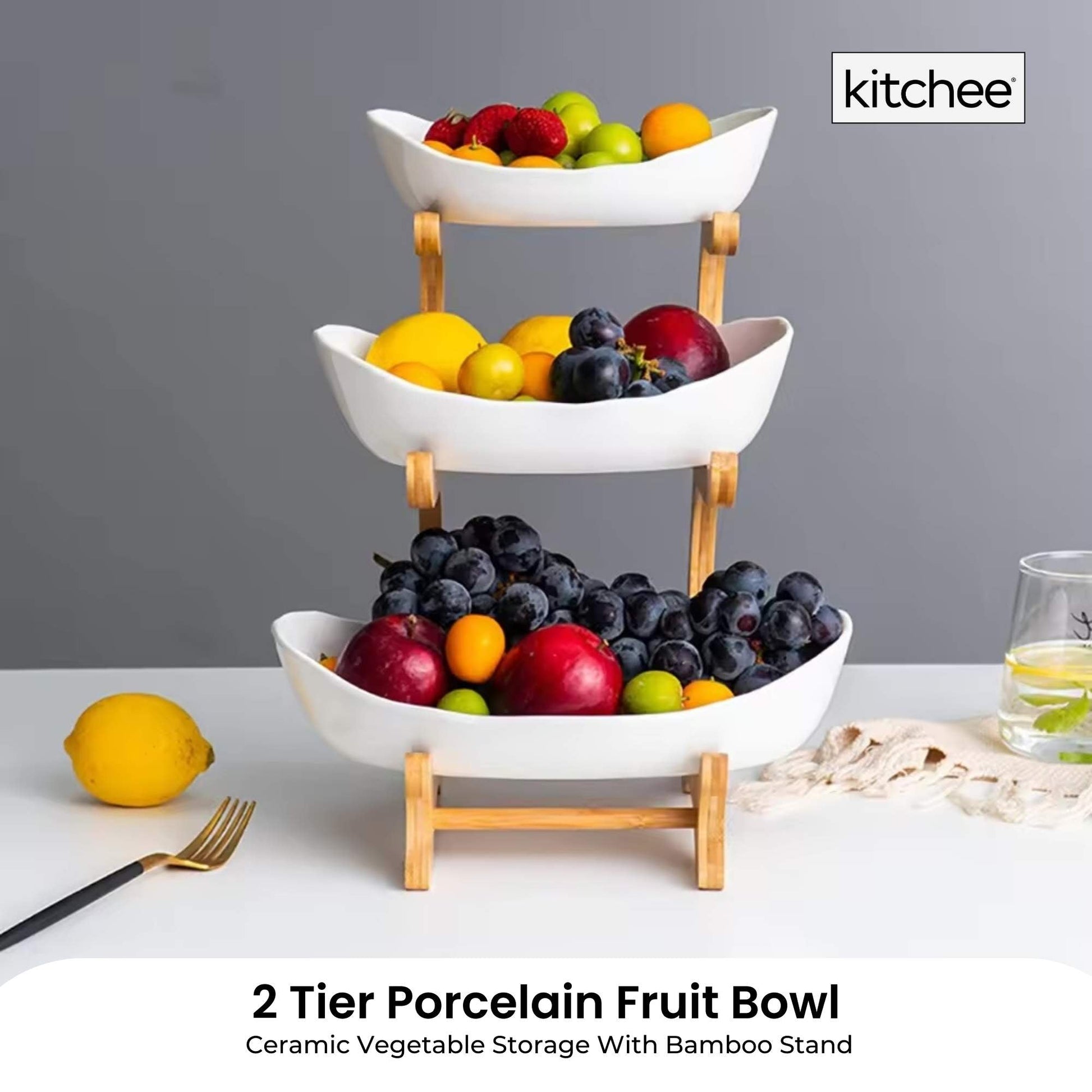 3 Tier Porcelain Fruit Bowl - Ceramic Vegetable Storage With Bamboo Stand-1