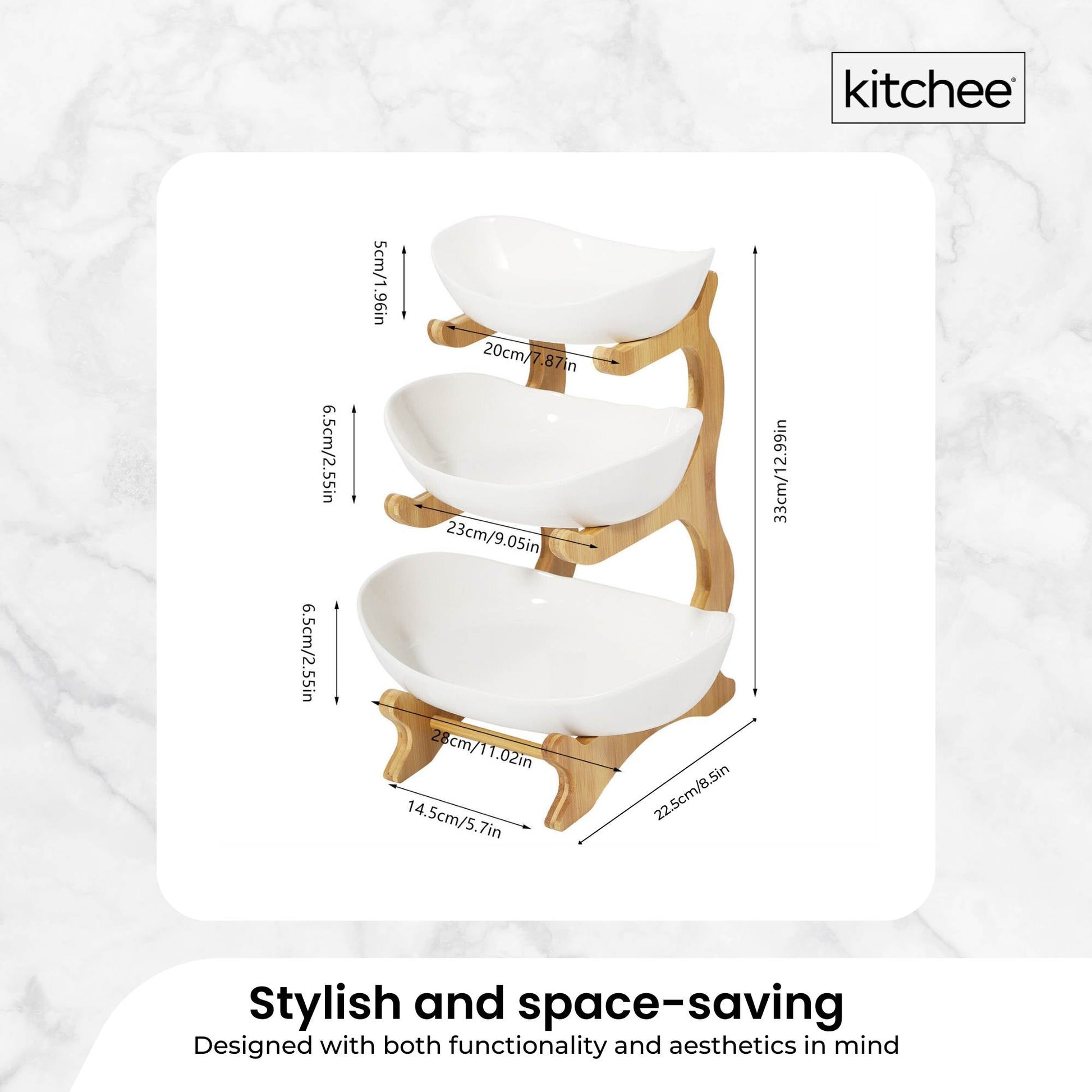 3 Tier Porcelain Fruit Bowl - Ceramic Vegetable Storage With Bamboo Stand-3