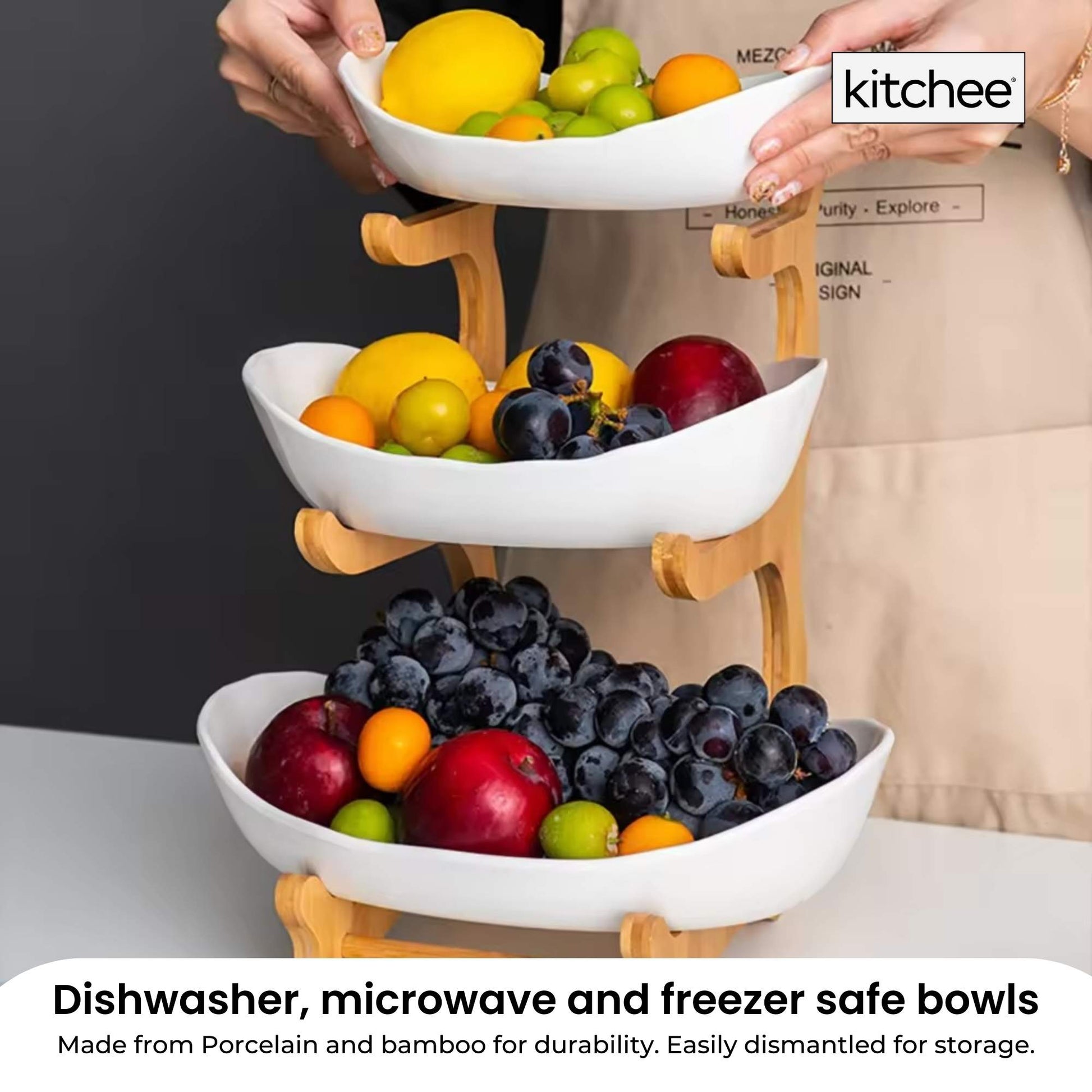 3 Tier Porcelain Fruit Bowl - Ceramic Vegetable Storage With Bamboo Stand-4