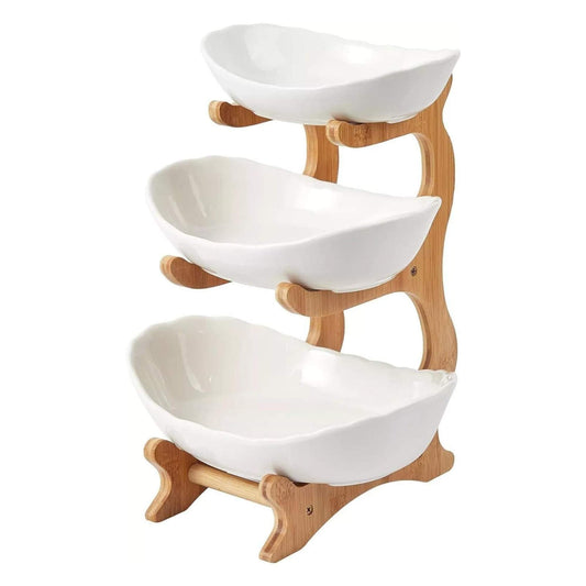3 Tier Porcelain Fruit Bowl - Ceramic Vegetable Storage With Bamboo Stand-0