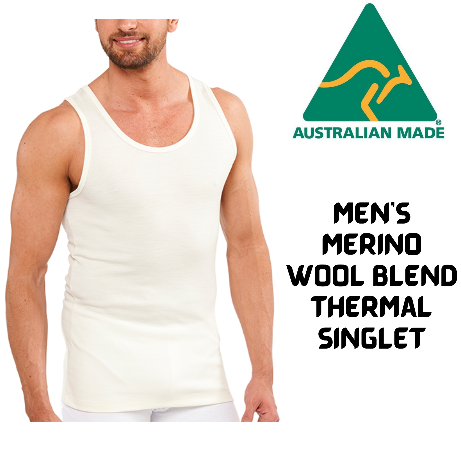 Mens Thermal Singlet Sleeveless Top Merino Wool Blend AUS MADE Thermals-1