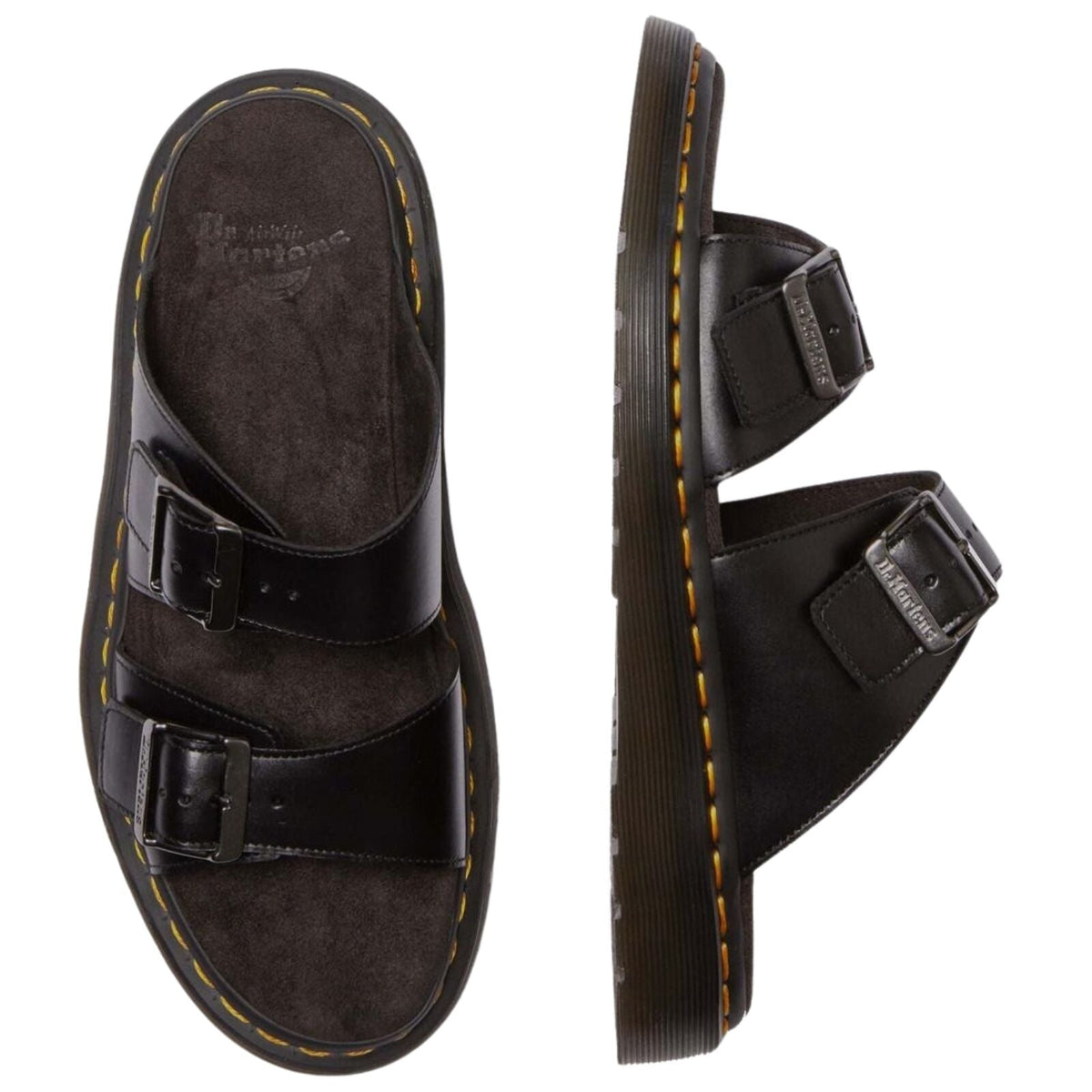 Dr. Martens Josef Analine Leather Slide Sandals Buckle Strap Comfort Footbed in Black