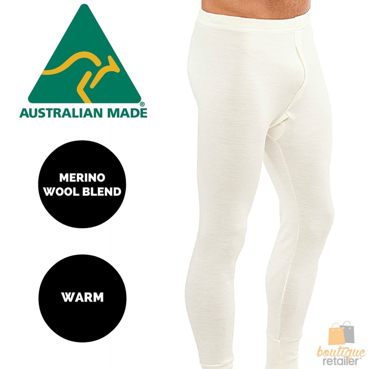 Mens Thermal Long Johns Trouser Pants Merino Wool Blend Aus Made Thermals - Beige-1
