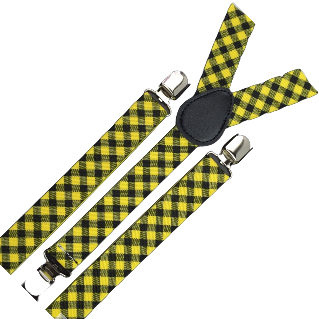 3x Mens Slim Suspenders Braces Adjustable Clip On - Black/Yellow Check-2