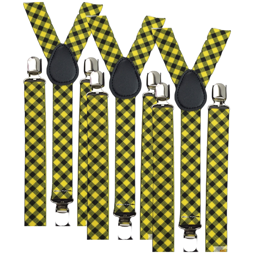 3x Mens Slim Suspenders Braces Adjustable Clip On - Black/Yellow Check-0