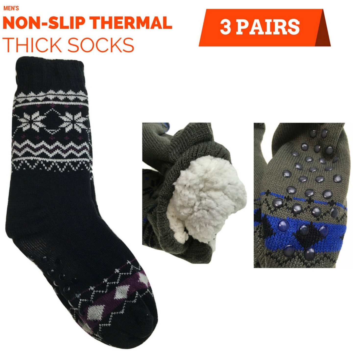 3 Pairs Mens Non Slip Thick Fur Warm Winter Bed Socks Thermal Warm Cushion BULK-1