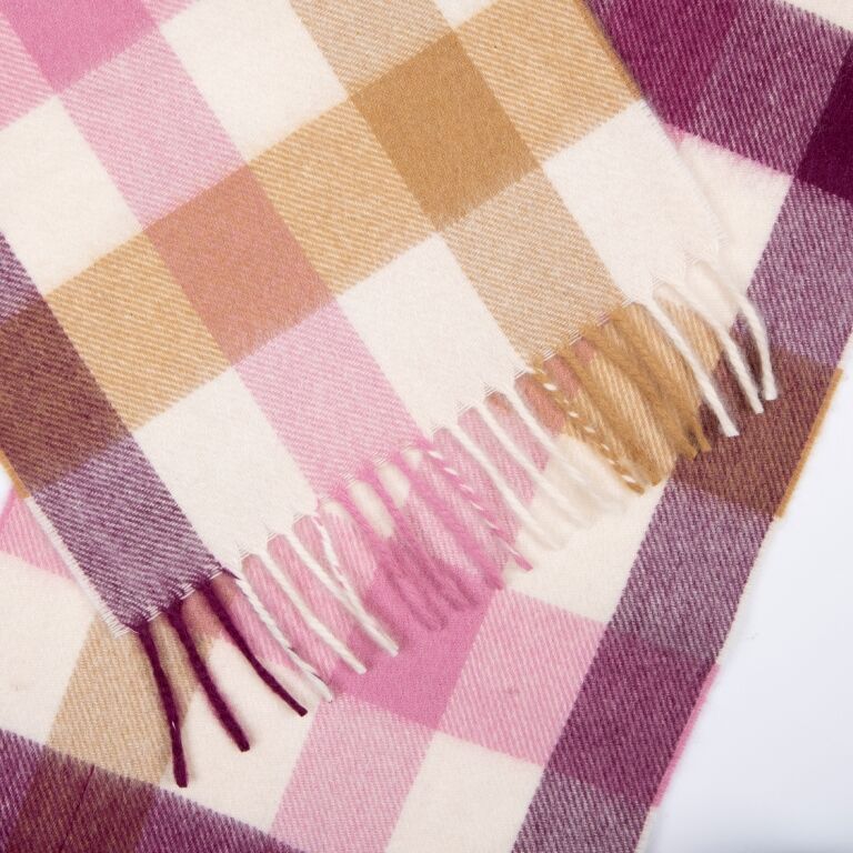 Dents Heritage Plaid Check Cashmere Wool Scarf with Tassels and Gift Box in Aubergine