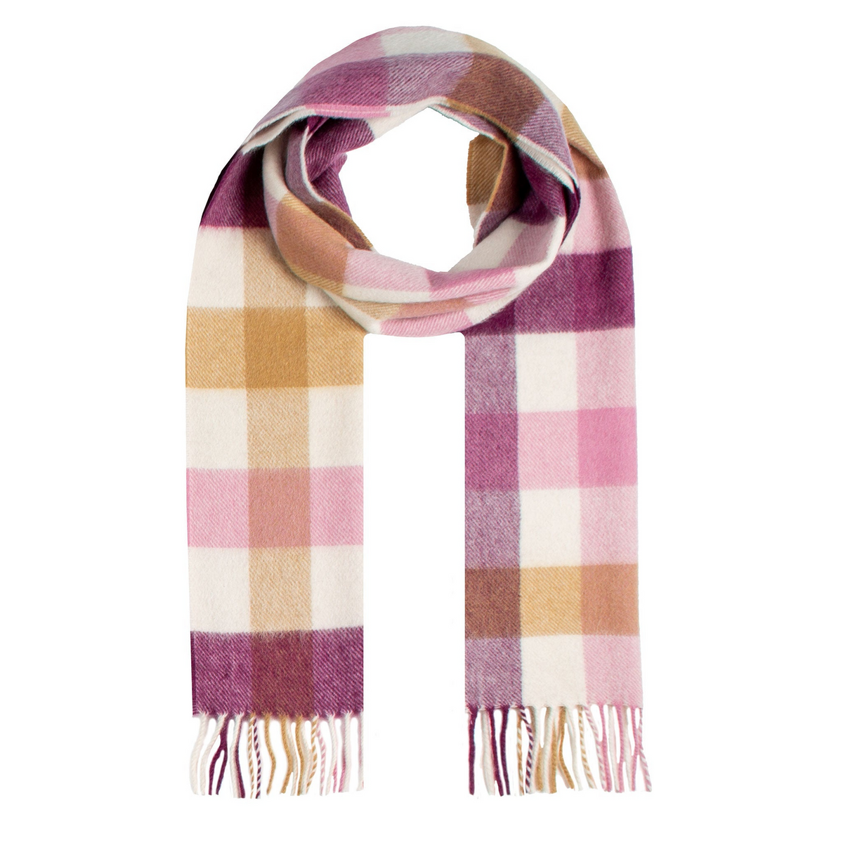 Dents Heritage Plaid Check Cashmere Wool Scarf with Tassels and Gift Box in Aubergine