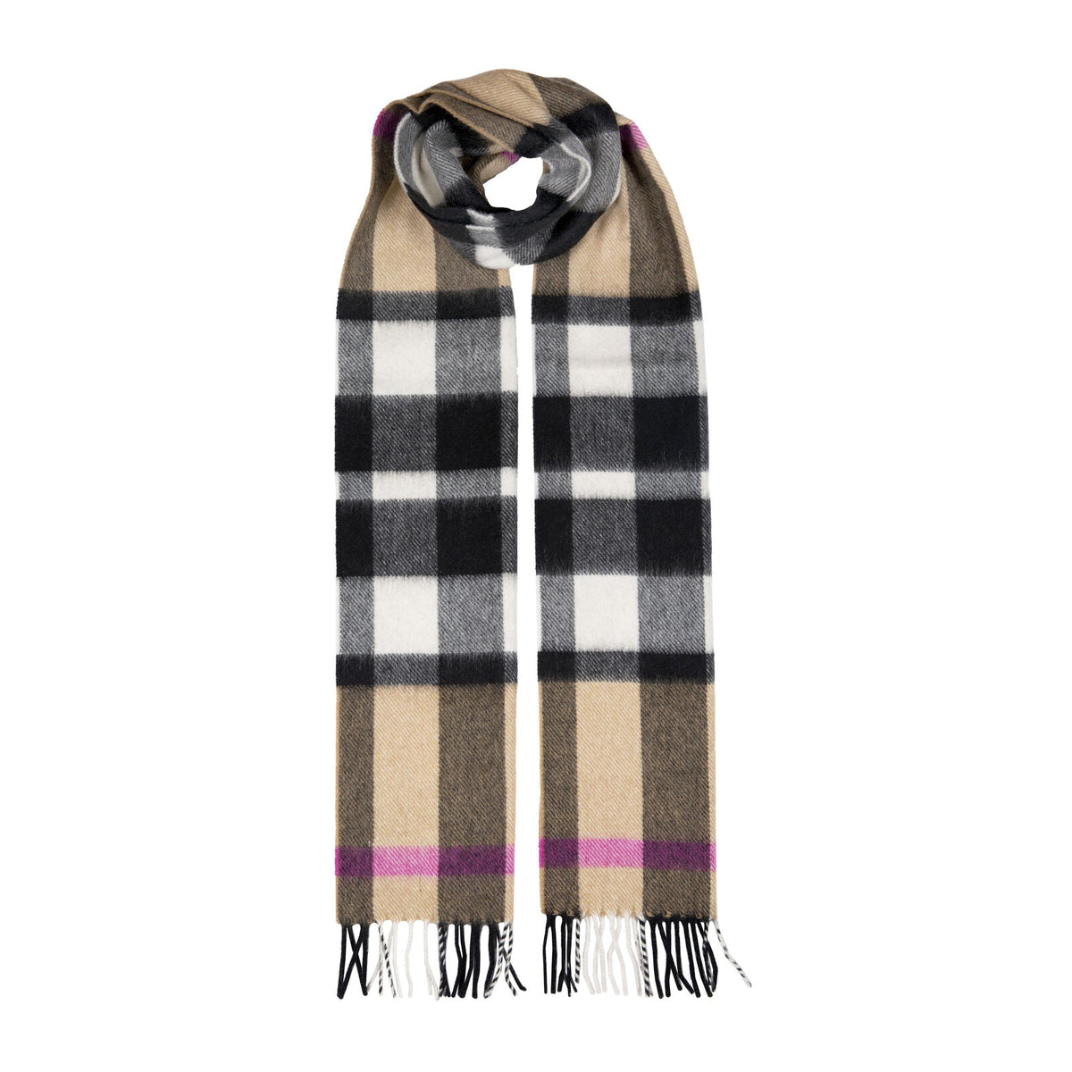 Dents Heritage Plaid Check Cashmere Scarf with Tassels and Gift Box in Camel