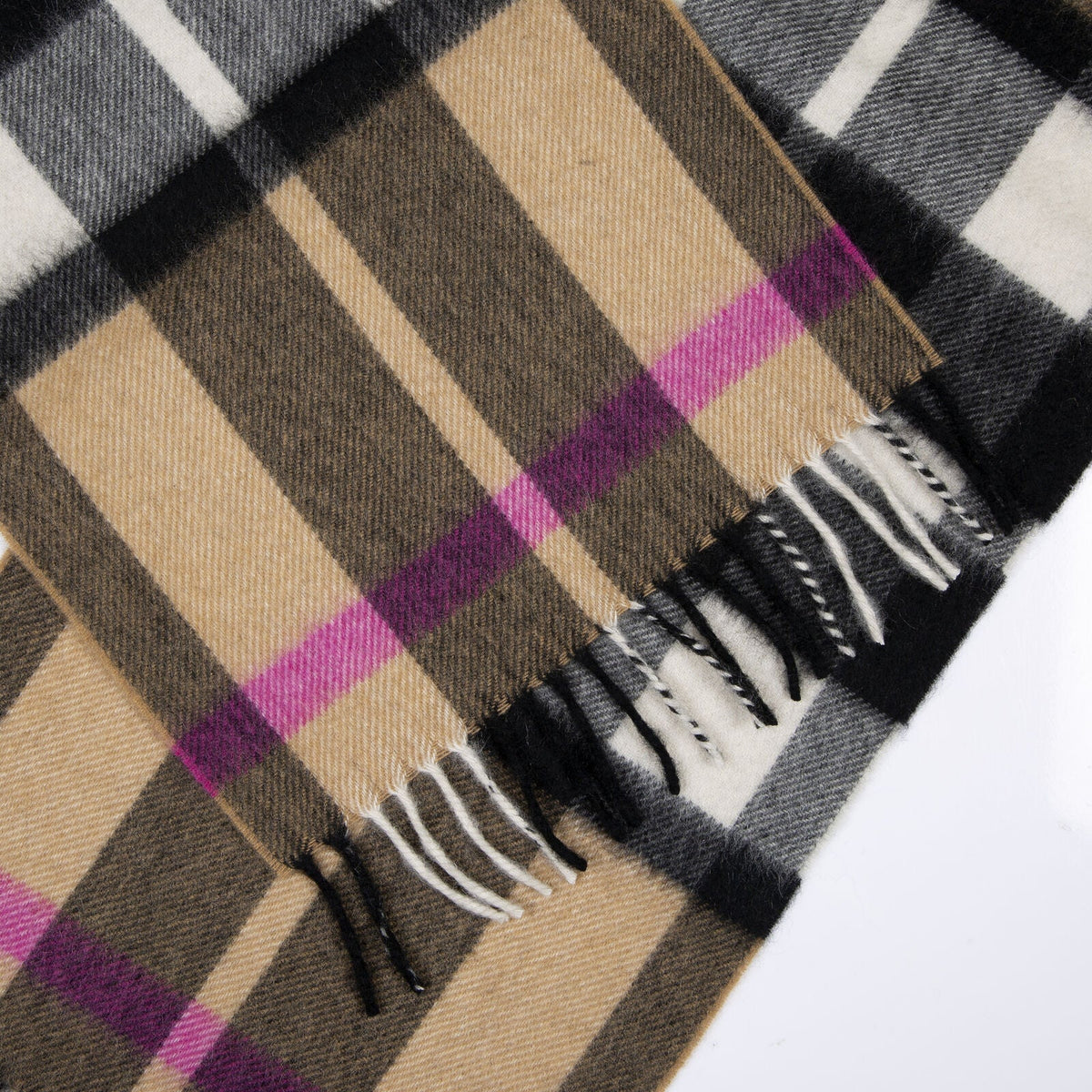 Dents Heritage Plaid Check Cashmere Scarf with Tassels and Gift Box in Camel