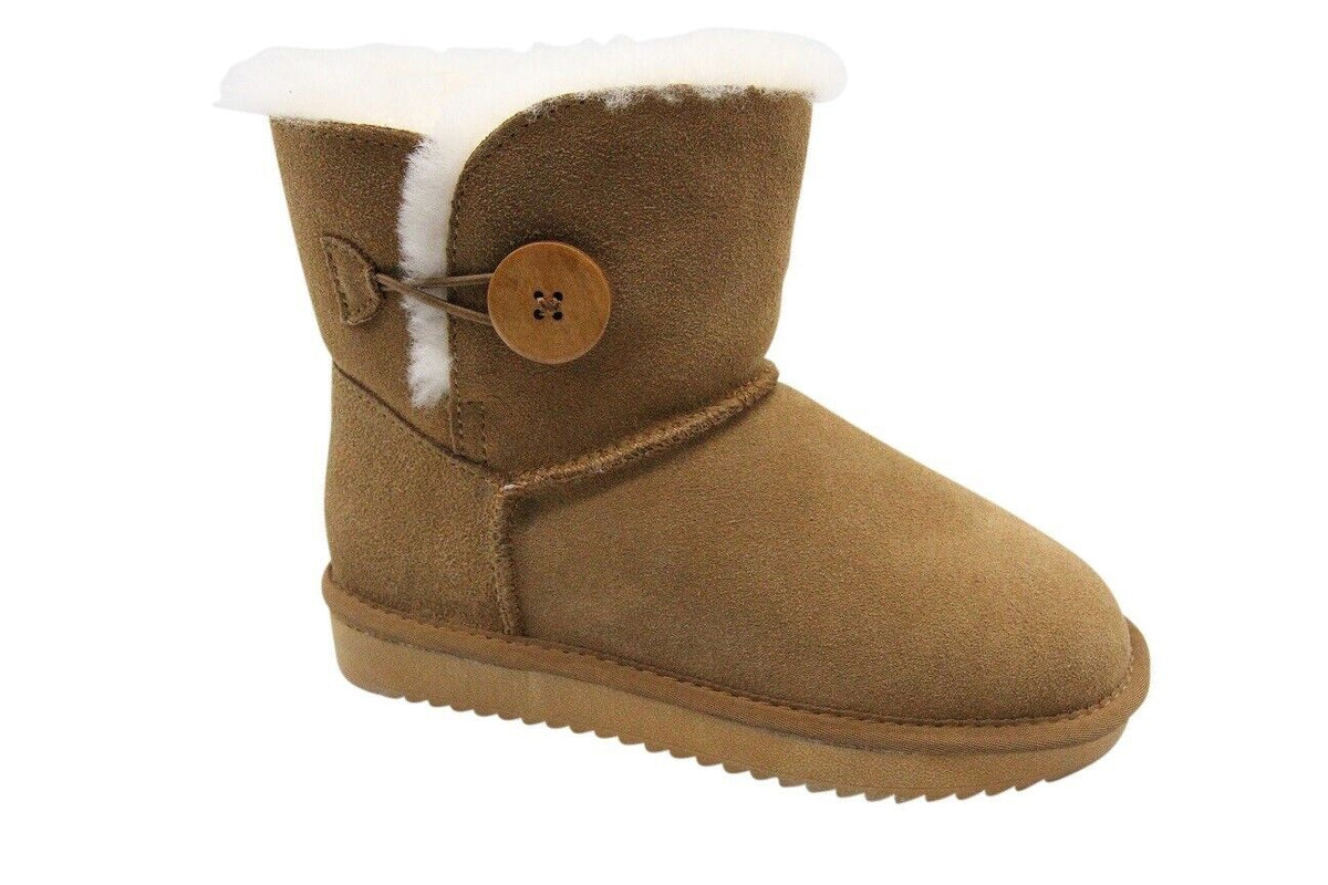 Grosby Womens Button UGG Boots Sheepskin Water Resistant Ankle Shoes Slippers - Chestnut