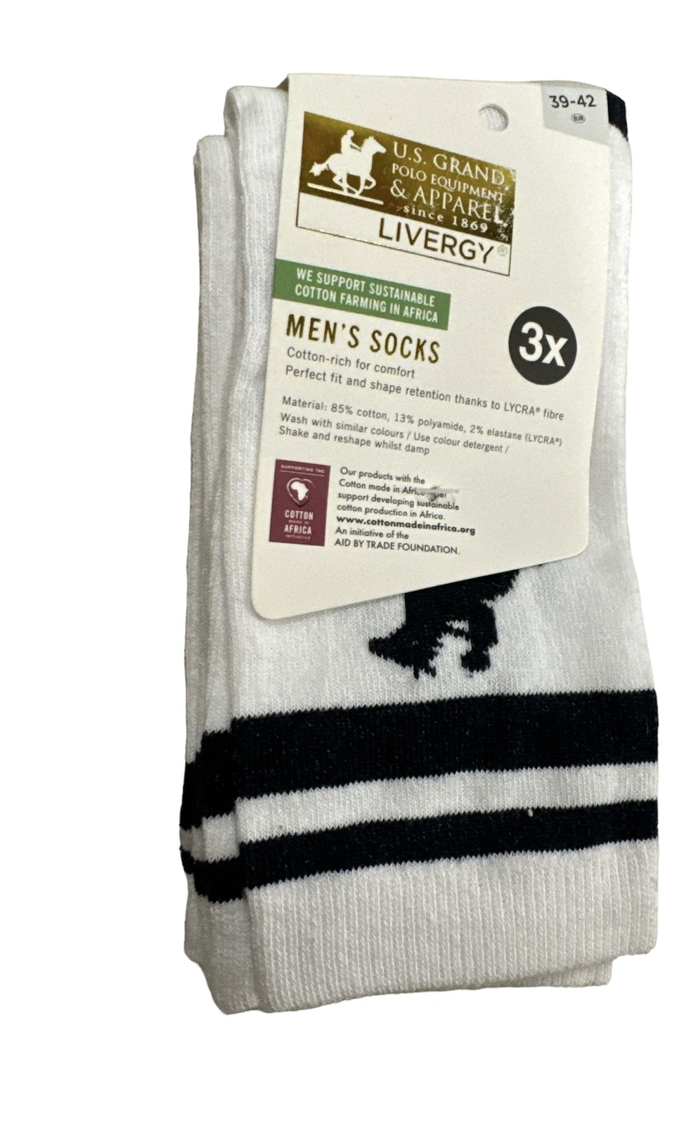 U.S. Polo Assn. Livergy Mens Crew Socks - White/Navy - 1 Pack of 3 Pairs-2