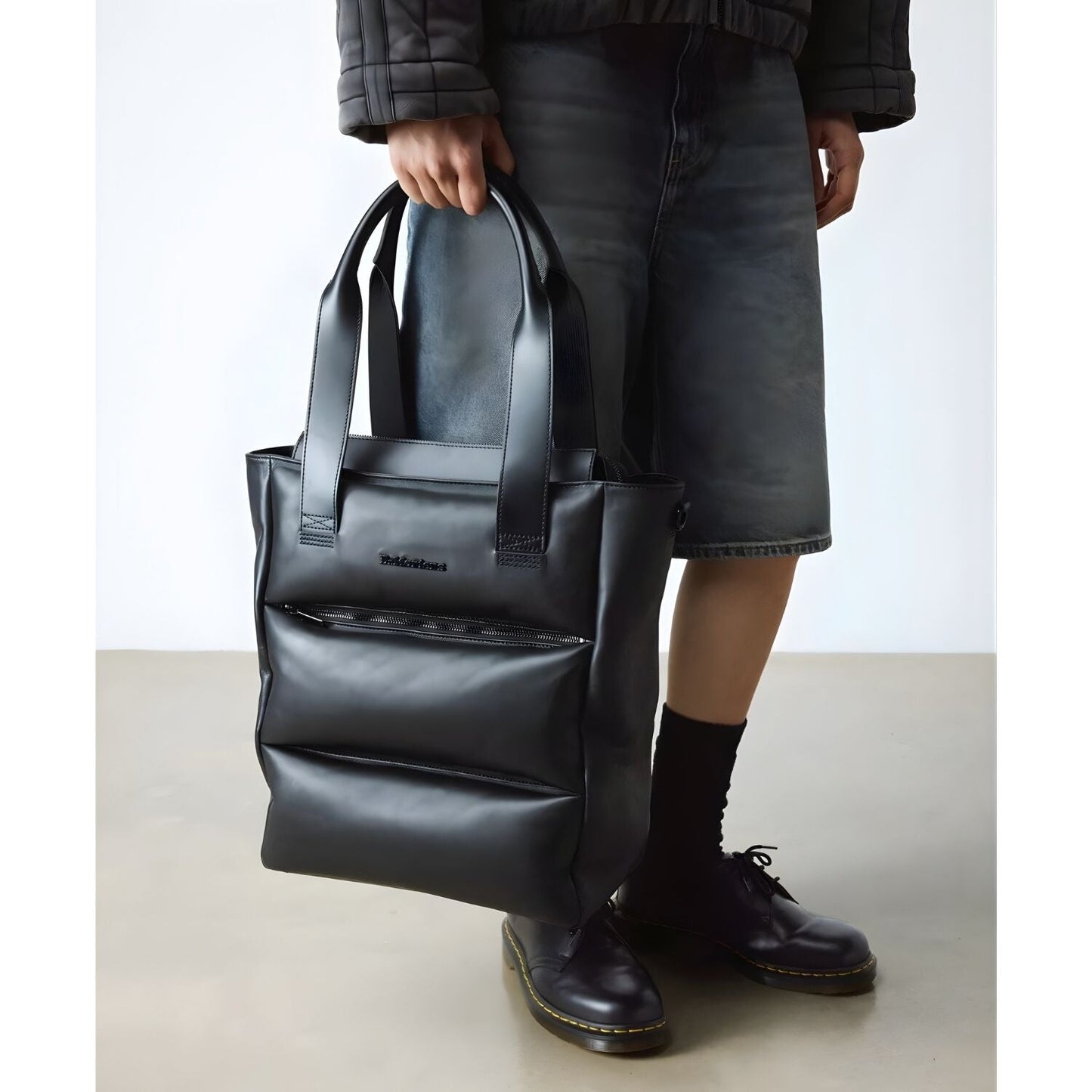 Dr. Martens Padded Leather Tote Bag Crossbody Strap Zip Closure in Black Sendal