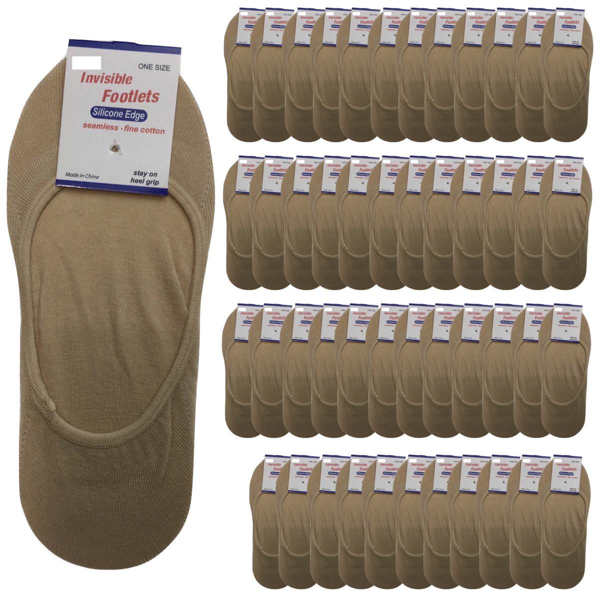 48x NO SHOW COTTON SOCKS Non Slip Heel Grip Low Cut Invisible Footlet Seamless - Beige