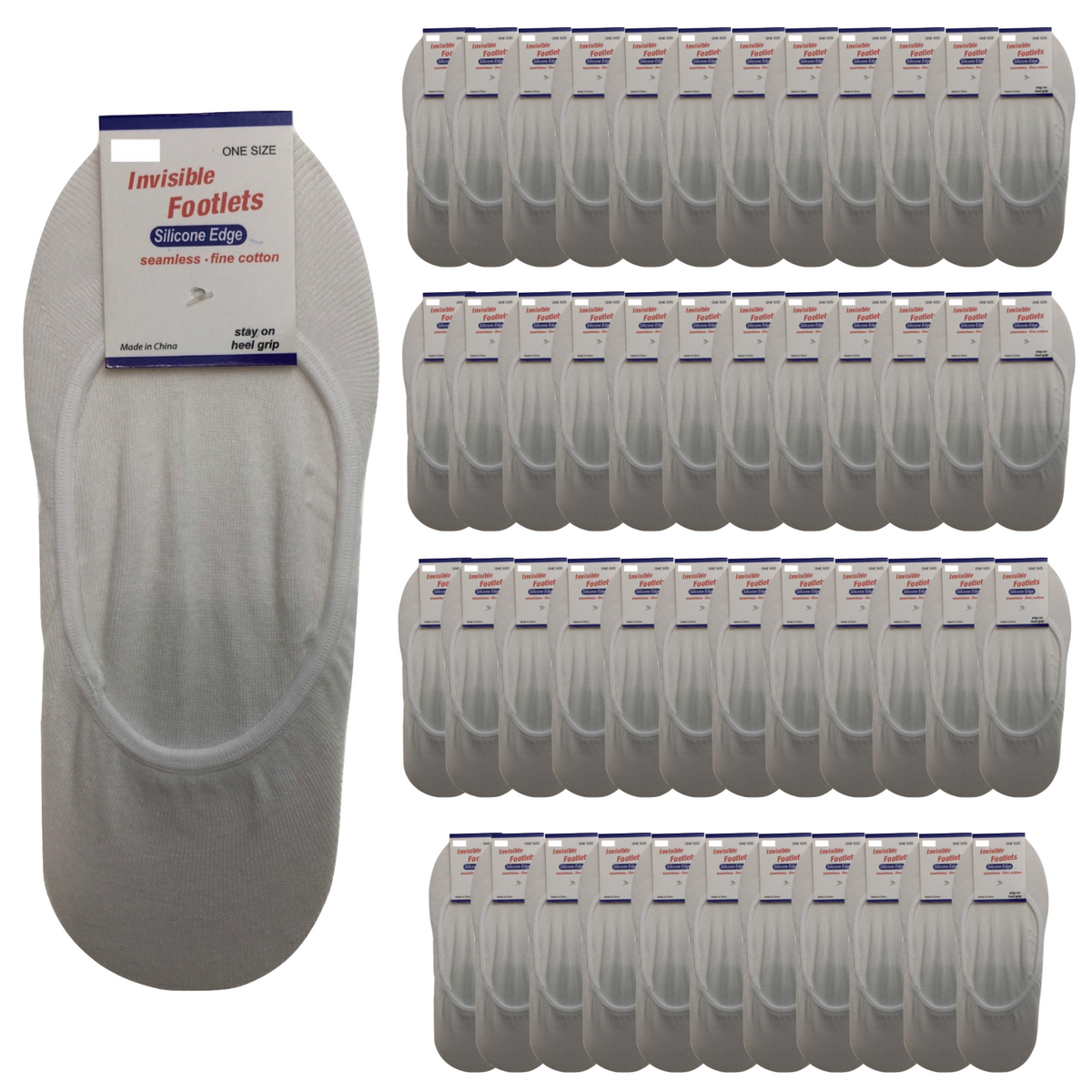 48x NO SHOW COTTON SOCKS Non Slip Heel Grip Low Cut Invisible Footlet Seamless - White