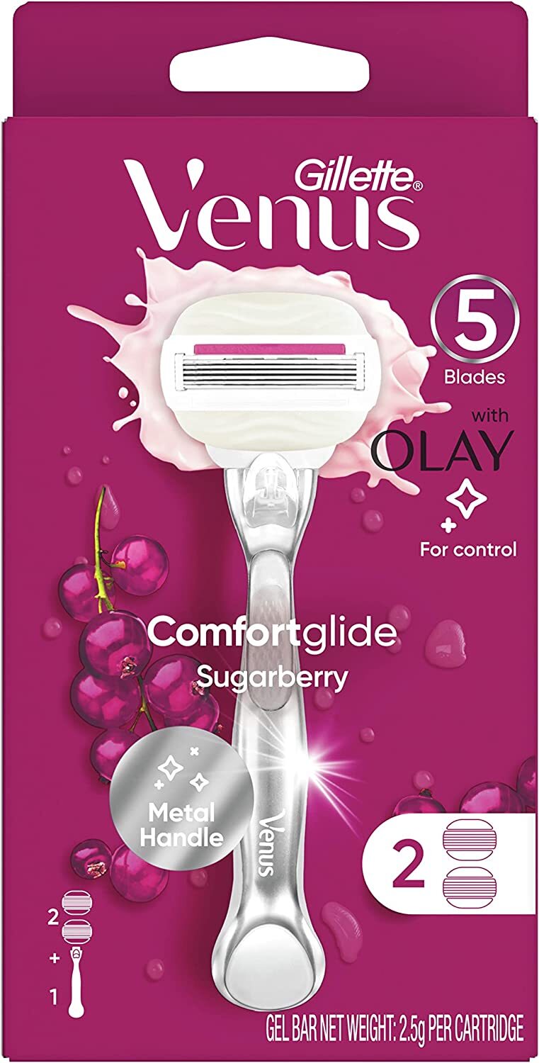 Gillette Venus Womens Comfortglide Sugarberry Razor Metal Handle + 2 Cartridges