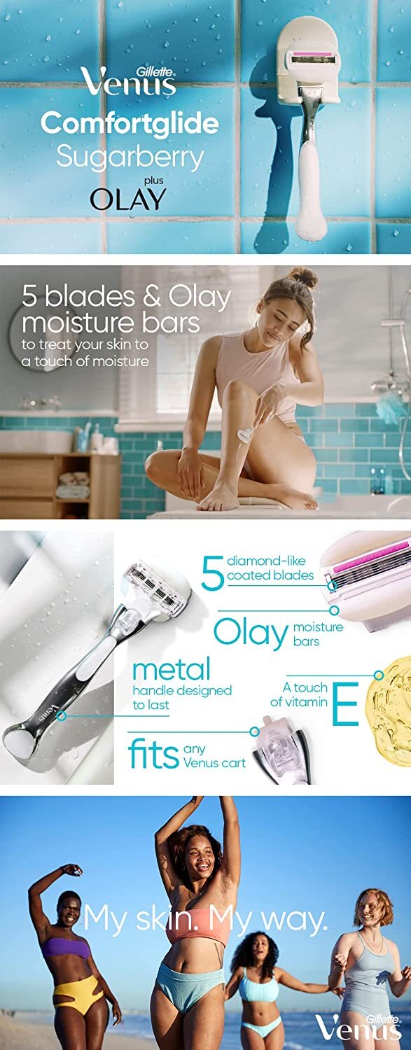 Gillette Venus Womens Comfortglide Sugarberry Razor Metal Handle + 2 Cartridges