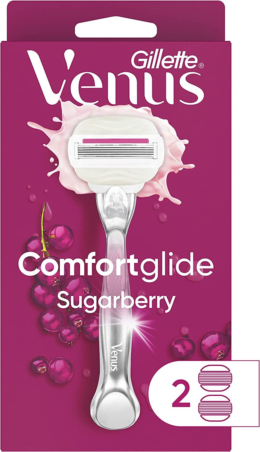 Gillette Venus Womens Comfortglide Sugarberry Razor Metal Handle + 2 Cartridges