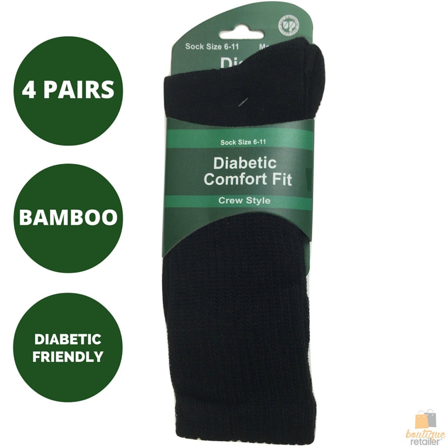 4 Pairs DIABETIC BAMBOO Socks Work Socks Medical Loose Top Crew Cushion BLACK-1