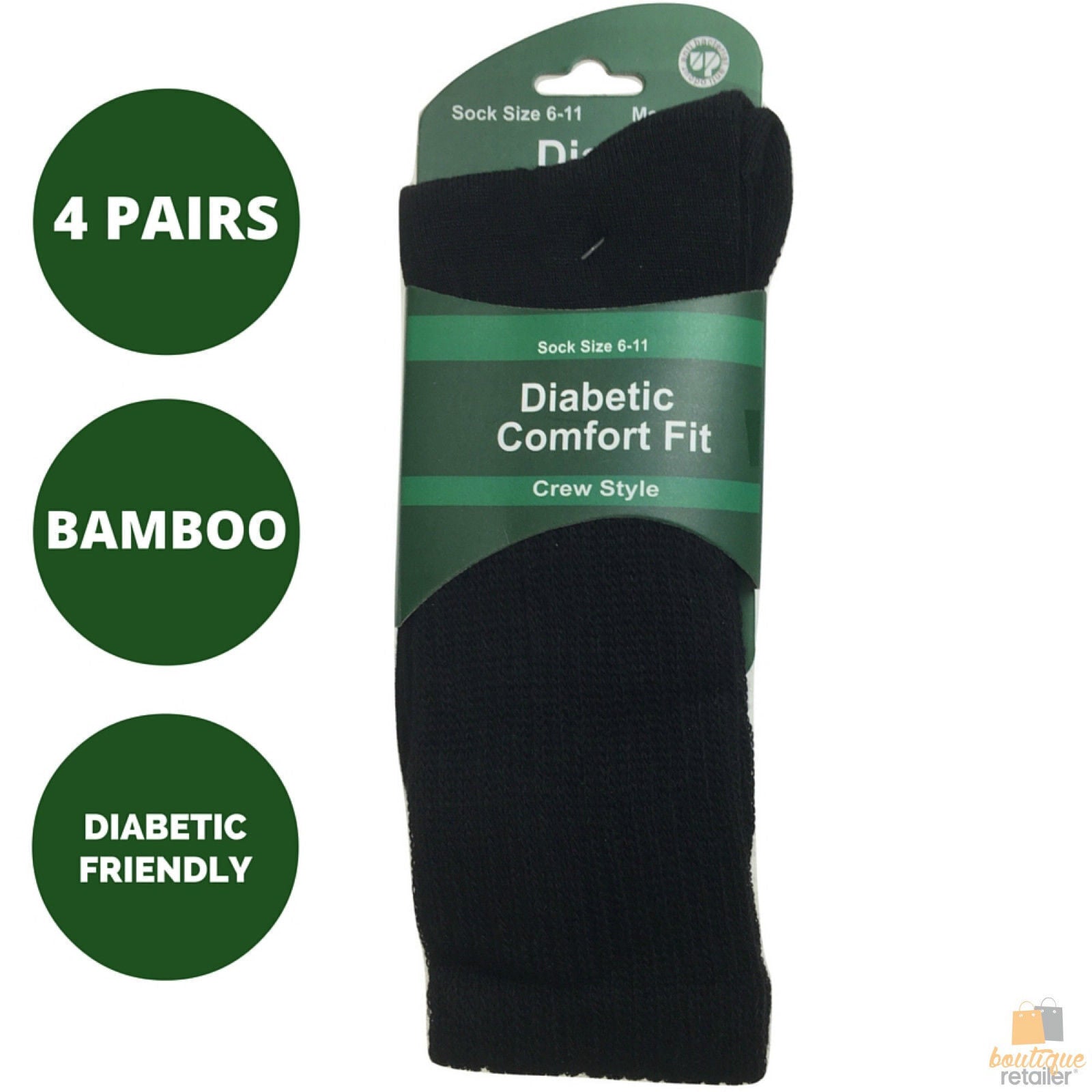 4 Pairs DIABETIC BAMBOO Socks Work Socks Medical Loose Top Crew Cushion BLACK-1