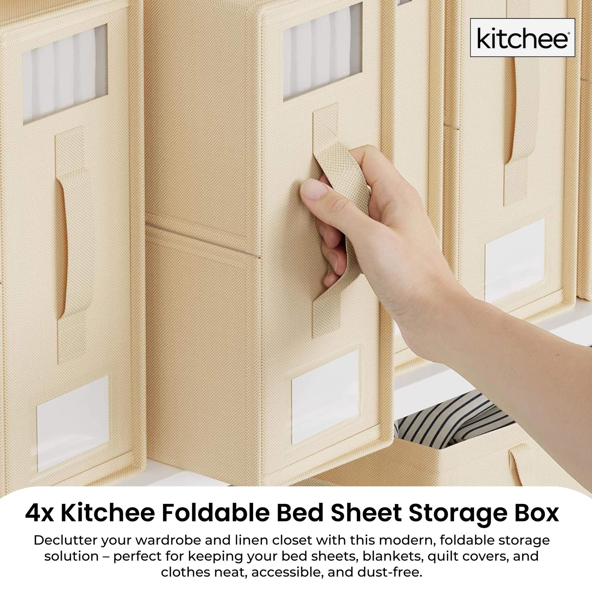4x Kitchee Foldable Bed Sheet Storage Box – Linen & Closet Organiser Beige-1