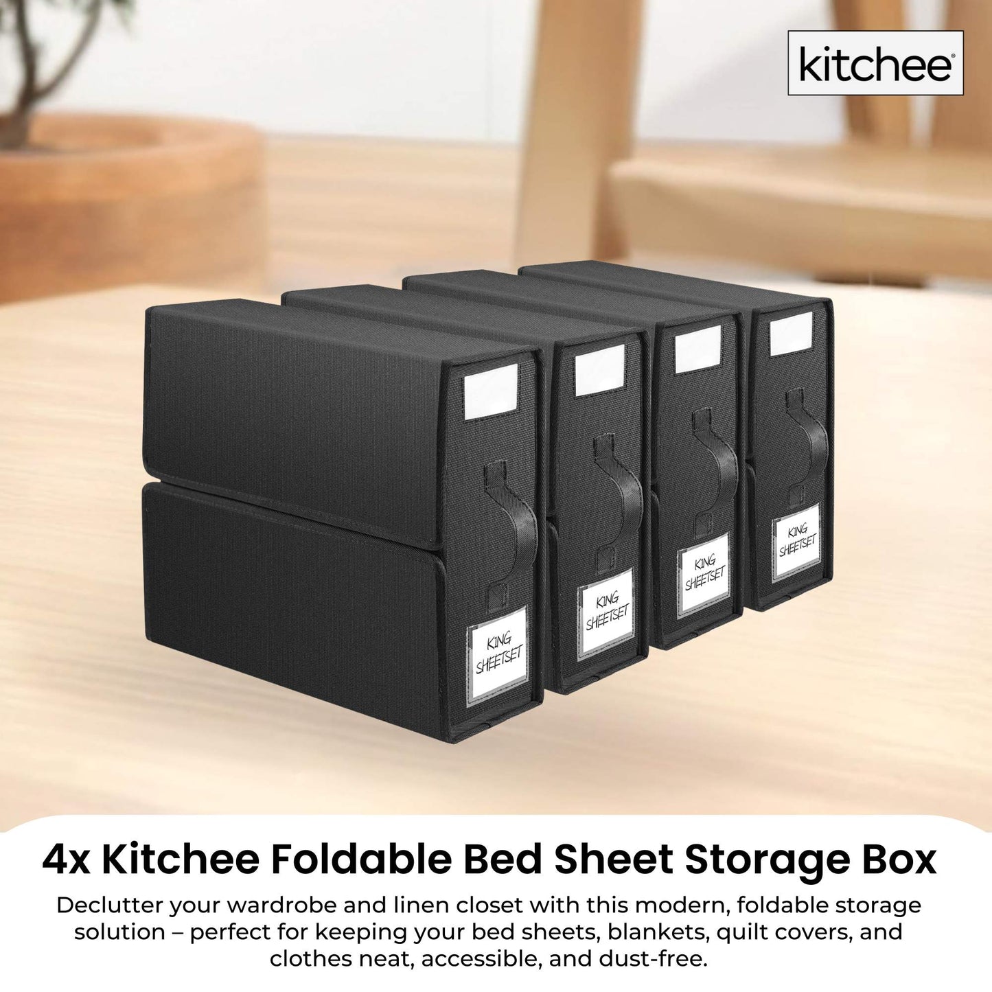 4x Kitchee Foldable Bed Sheet Storage Box – Linen & Closet Organiser Black-1