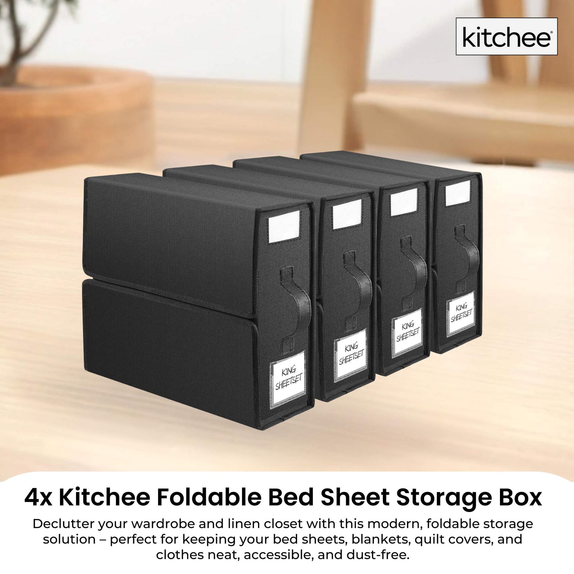 4x Kitchee Foldable Bed Sheet Storage Box – Linen & Closet Organiser Black-1