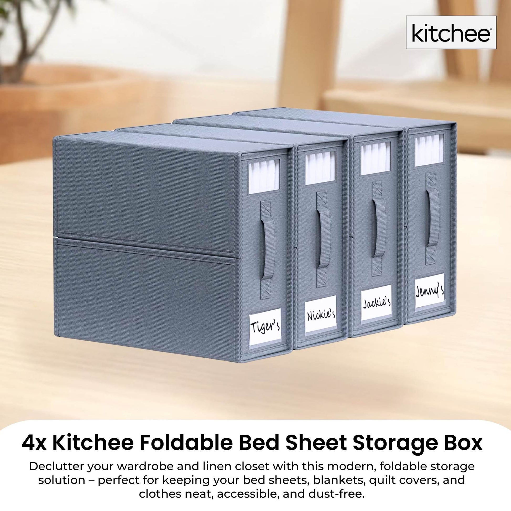 4x Kitchee Foldable Bed Sheet Storage Box – Linen & Closet Organiser Grey-1