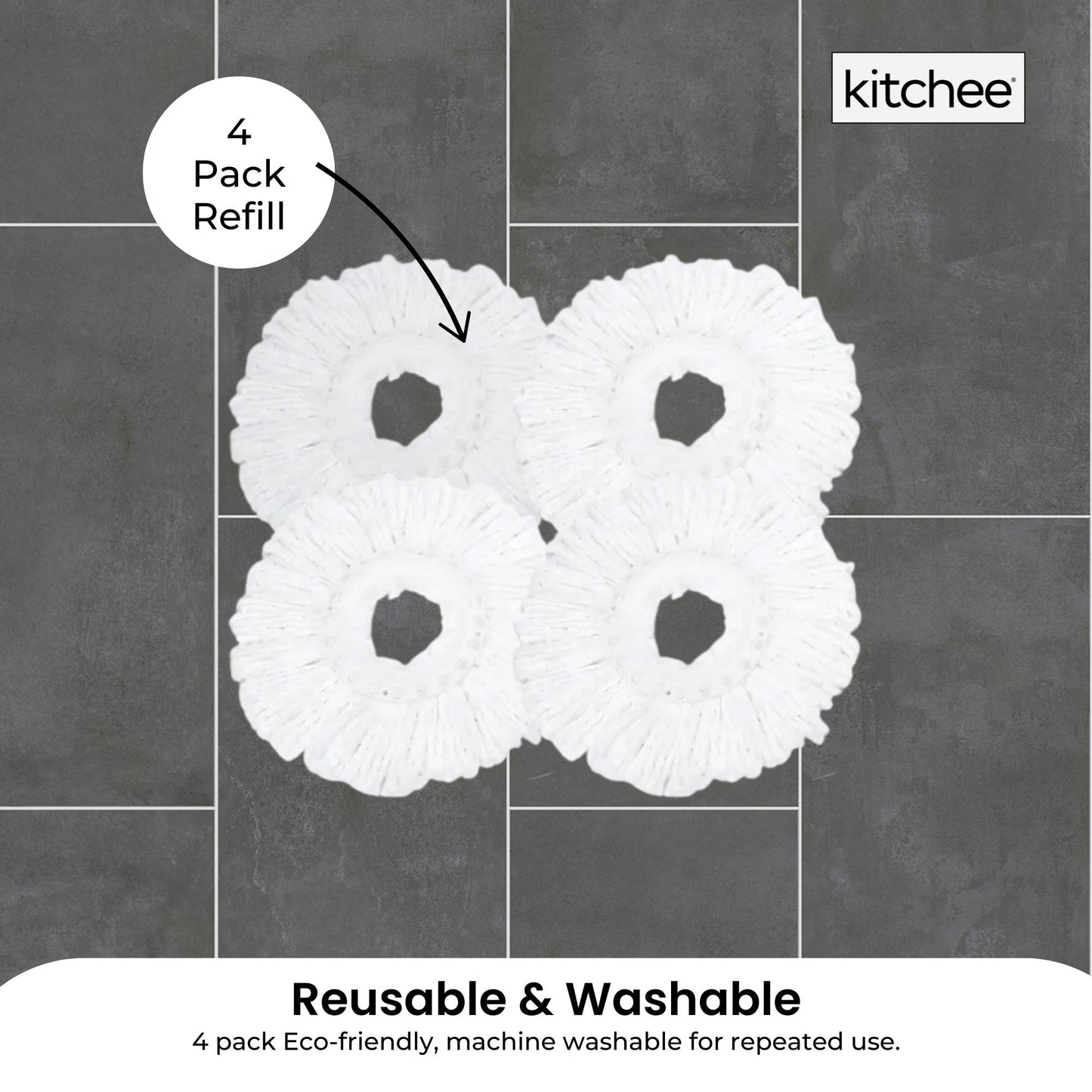 4x Kitchee Microfibre Mop Head Replacement for Kitchee Spin Mop - White Round-2