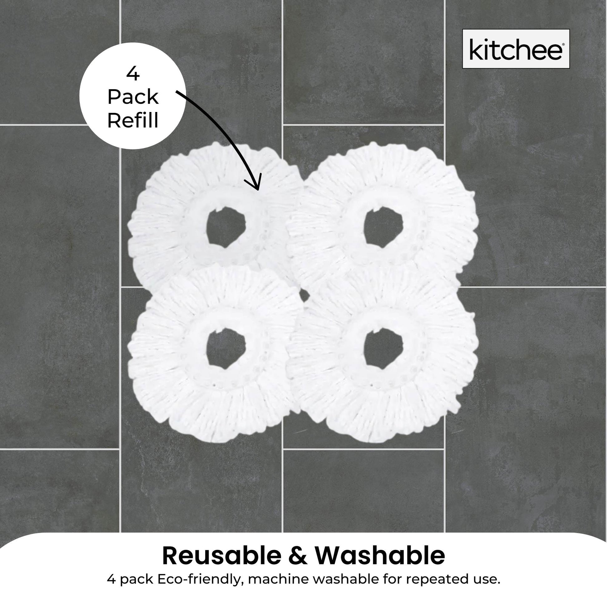 4x Kitchee Microfibre Mop Head Replacement for Kitchee Spin Mop - White Round-2