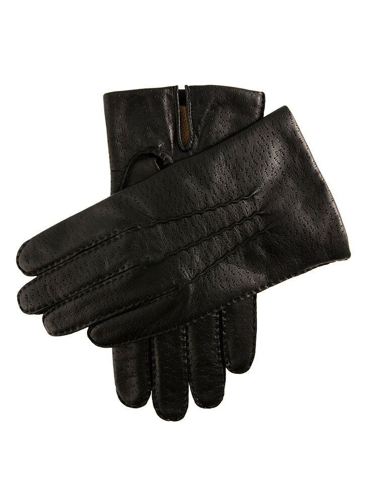 Kent Mens Perforated Leather Gloves 3 Point Stitch Palm Vent Lined - Black