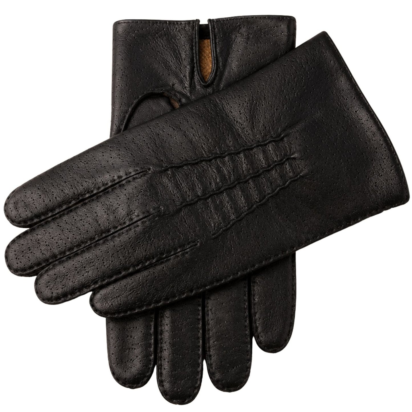 Kent Mens Perforated Leather Gloves 3 Point Stitch Palm Vent Lined - Black