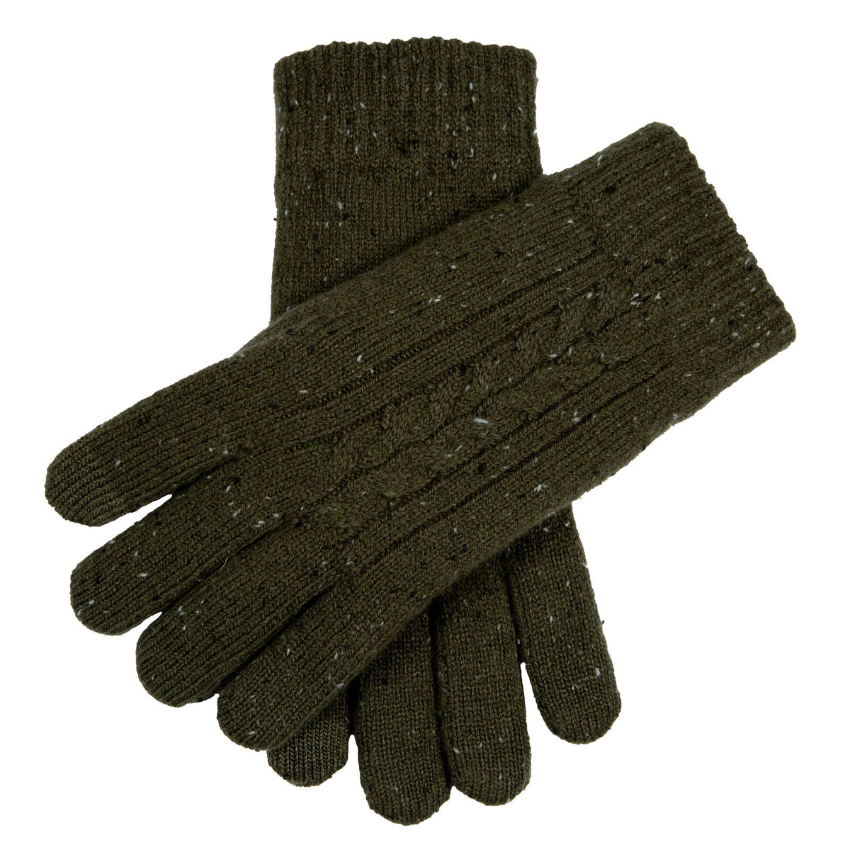 Dents Mens Touchscreen Cable Knit Gloves Wool Blend w/ Marl Yarn in Olive