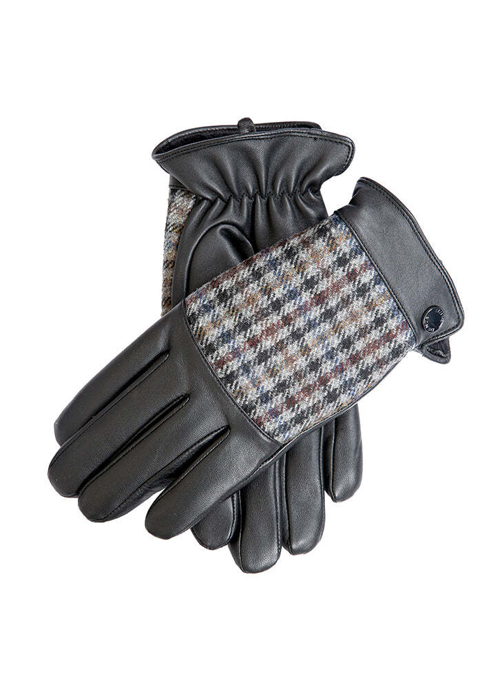 Dents Mens Faux Fur Lined Abraham Moon Dogtooth & Leather Gloves - Black/Slate-1